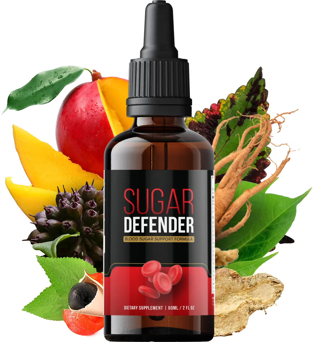 Sugar Defender bottle surrounded by African mango, ginseng root, and other natural plant ingredients