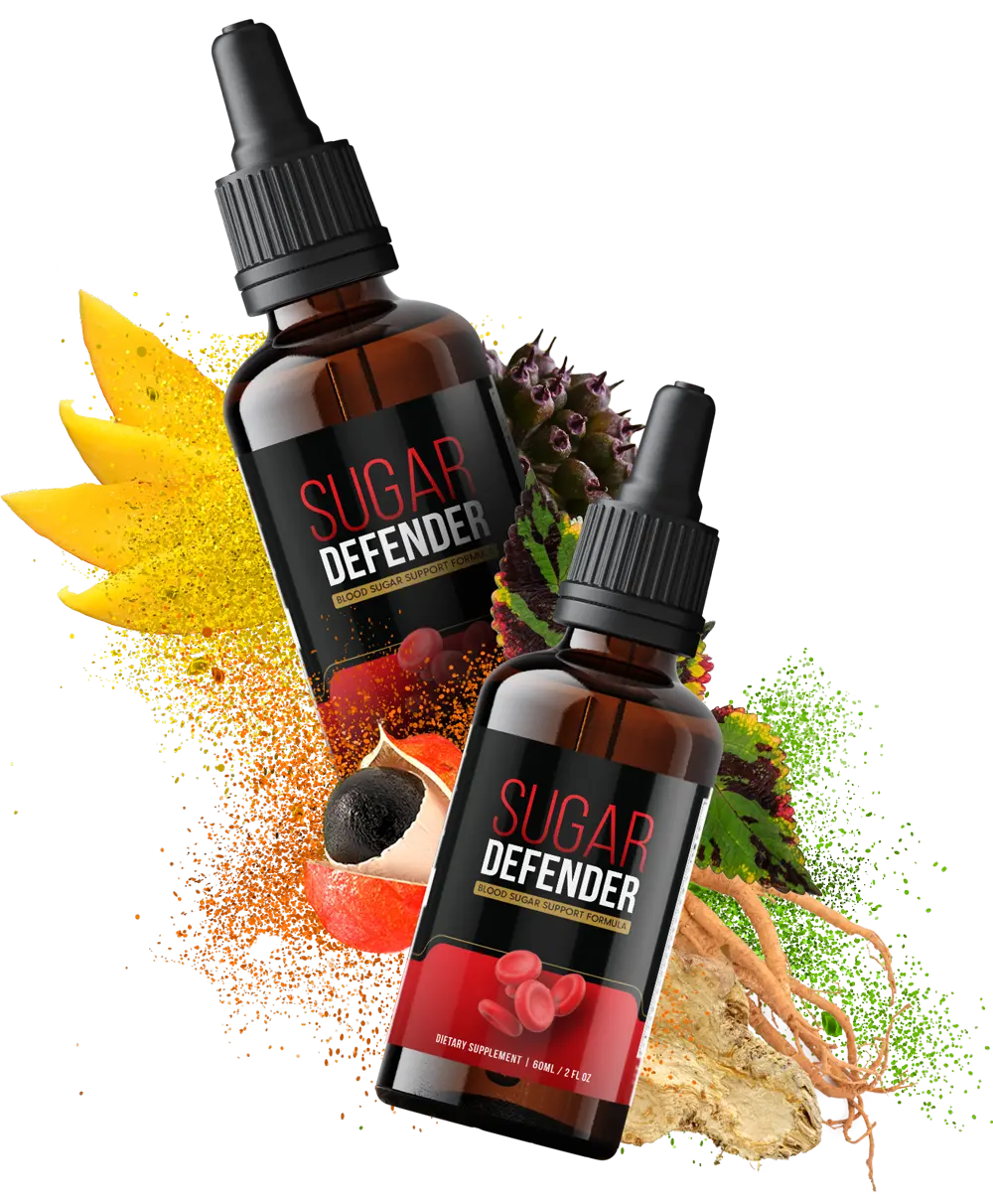 Sugar Defender liquid blood sugar support bottle with ingredient burst